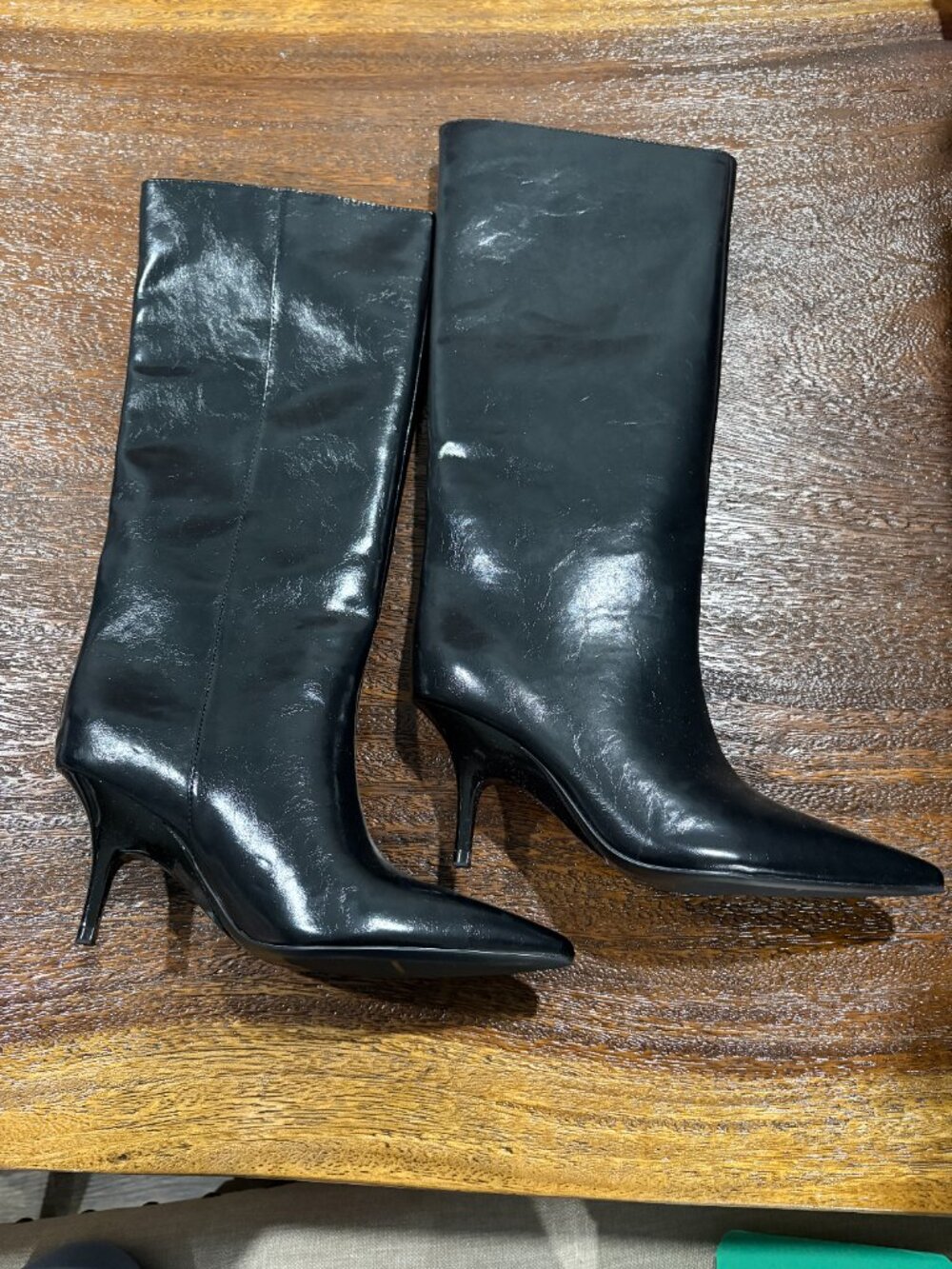 KITTEN HEEL HIGH BOOTS Black Patent Polyester sz 7.5 7 1/2 NWT NEW - Picture 2 of 5